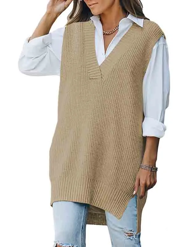 Women's V Neck Knitted Plaid Oversized Houndstooth Sweater Vest