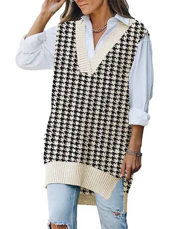 Women's V Neck Knitted Plaid Oversized Houndstooth Sweater Vest