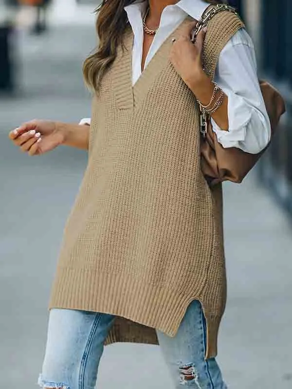 Women's V Neck Knitted Plaid Oversized Houndstooth Sweater Vest