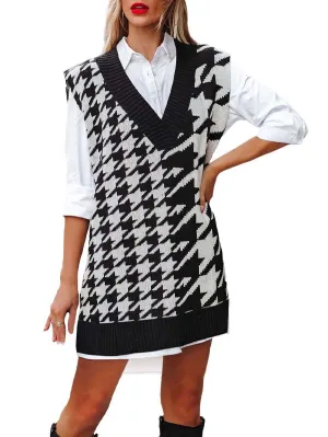 Women's V Neck Knitted Plaid Oversized Houndstooth Sweater Vest