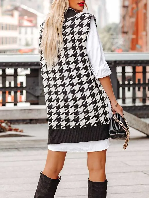 Women's V Neck Knitted Plaid Oversized Houndstooth Sweater Vest