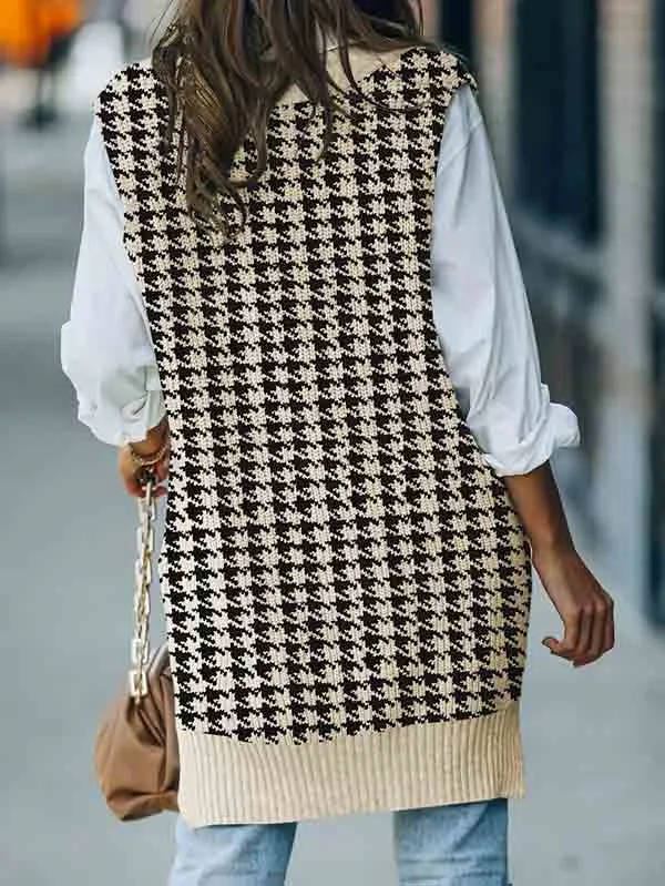 Women's V Neck Knitted Plaid Oversized Houndstooth Sweater Vest