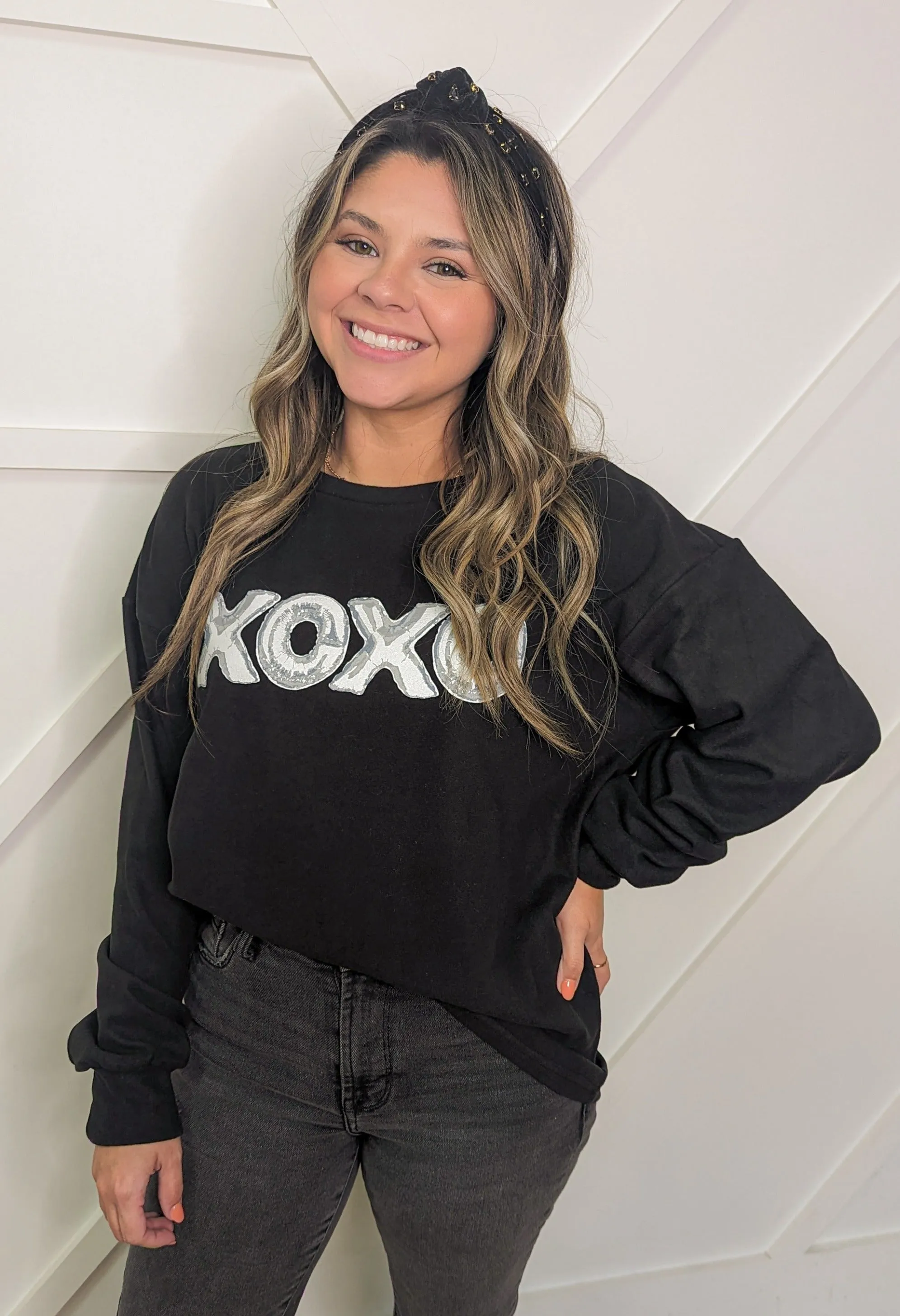 XOXO on Black Crazy Cozy Microfleece Crewneck